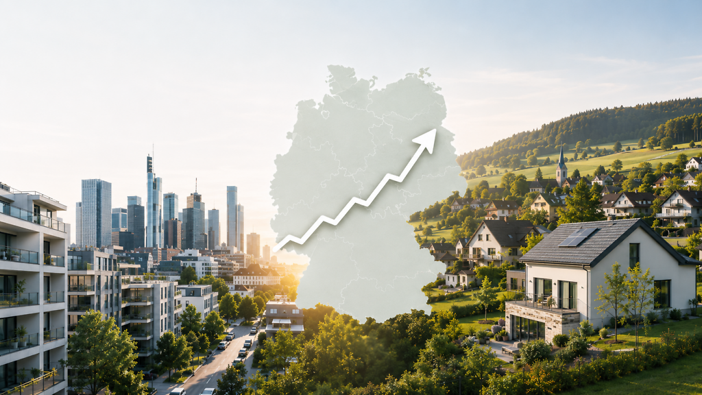 Symbolbild zum Immobilienmarkt 2026 in Deutschland mit Stadt, ländlichem Wohnraum und steigenden Immobilienpreisen